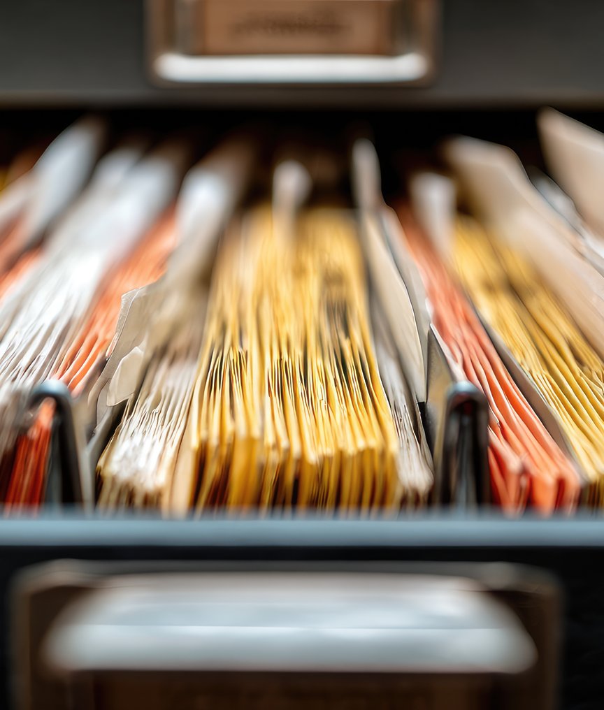 Paper files organised in colour-coded folders inside a filing cabinet drawer.