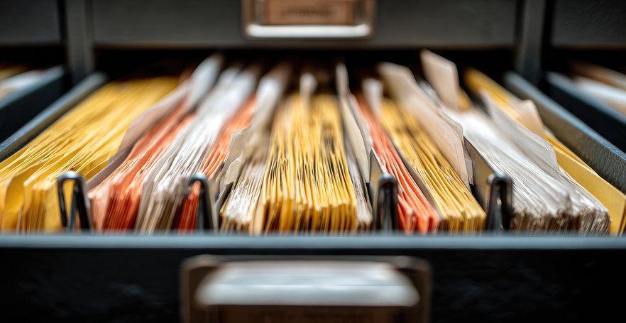 Paper files organised in colour-coded folders inside a filing cabinet drawer.