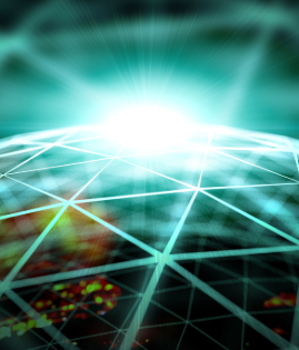 Stylised globe overlaid with turquoise network lines and a bright light source on the horizon, repre