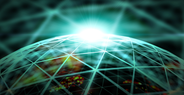 Stylised globe overlaid with turquoise network lines and a bright light source on the horizon, repre