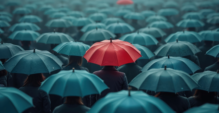 Grey umbrellas with one red umbrella standing out