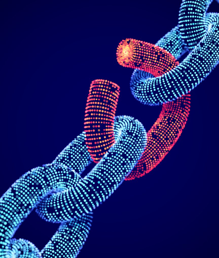 Visualization of a digital chain with interconnected glowing links, highlighting a single red broken