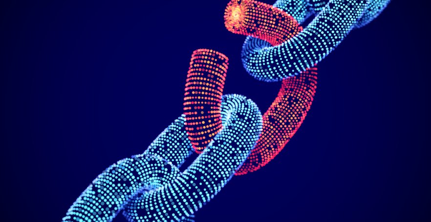 Visualization of a digital chain with interconnected glowing links, highlighting a single red broken