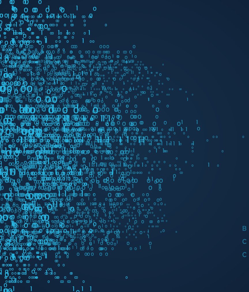 Visualization of binary computer code with glowing blue 0sand 1s on a dark digital background, label