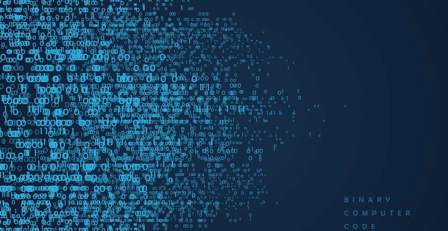 Visualization of binary computer code with glowing blue 0sand 1s on a dark digital background, label