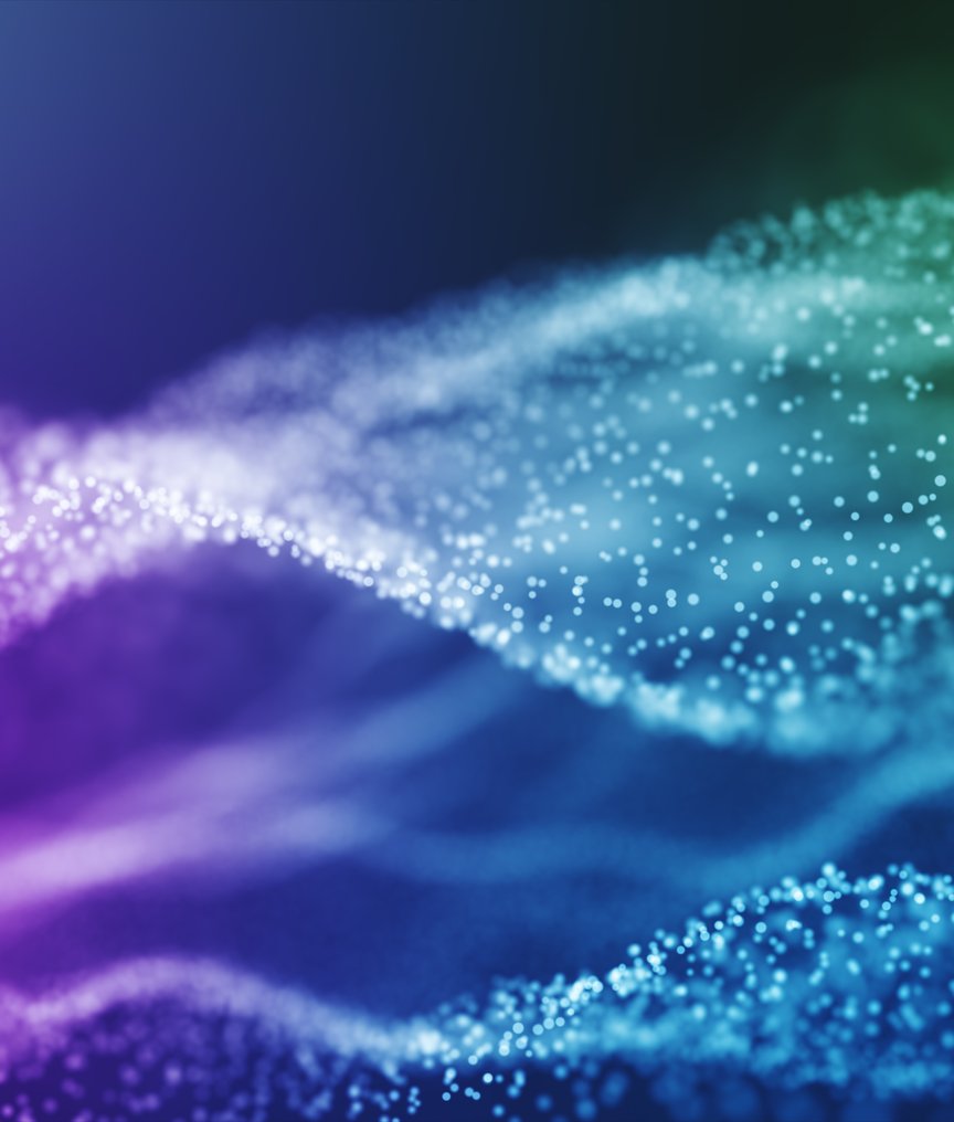 Digital visualization of particle-based waves with a color gradient from purple to green, representi