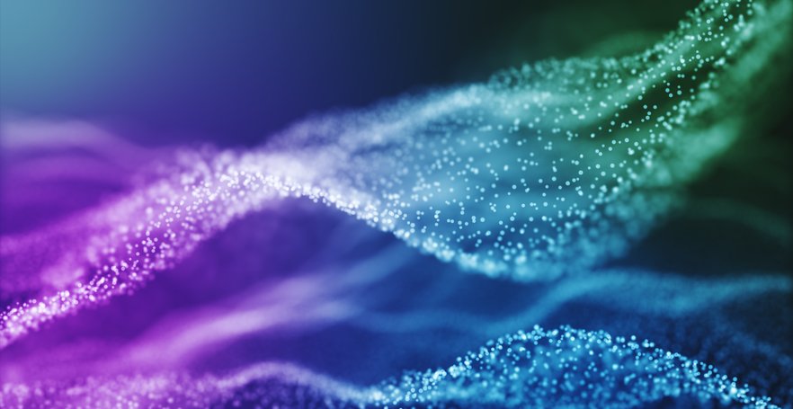 Digital visualization of particle-based waves with a color gradient from purple to green, representi