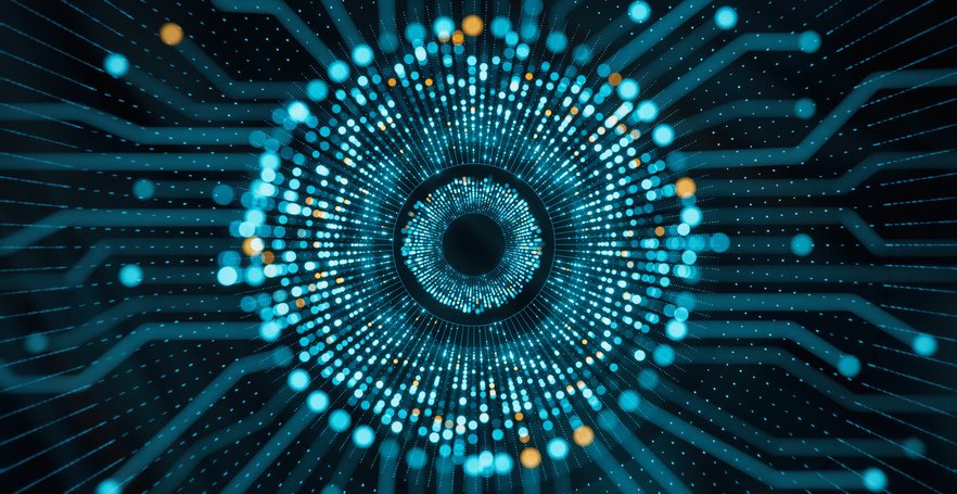 Network of glowing blue and orange dots arranged in a circular formation.